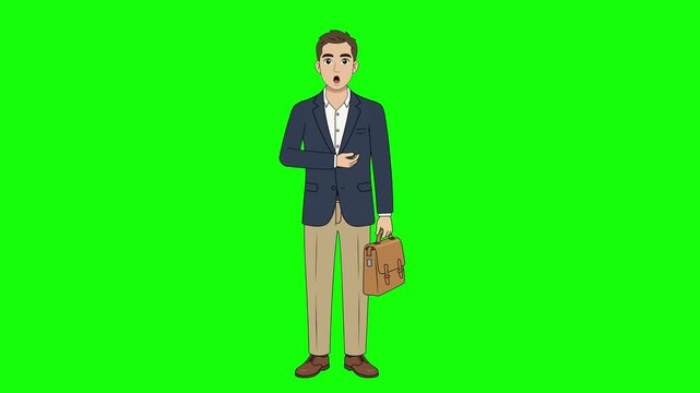 2D Animated Businessman Character Talking on Green Screen Background
