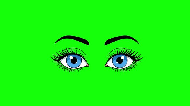 2D Cartoon Blue Eyes Blinking Animation on Green Screen Background