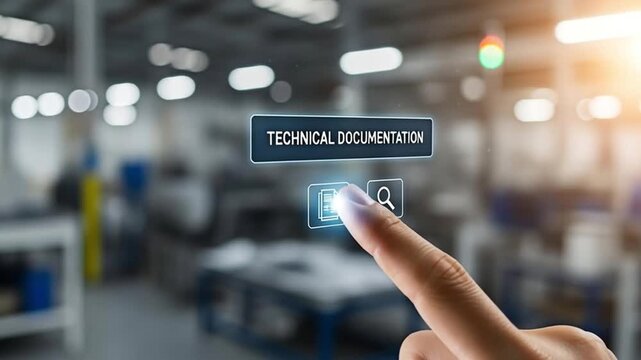 A finger interacting with the technical documentation screen for the concept of technology.
