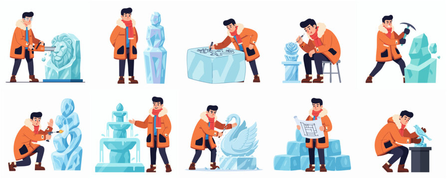 Cartoon Style Man Carving Ice Sculpture Various Designs Character Set