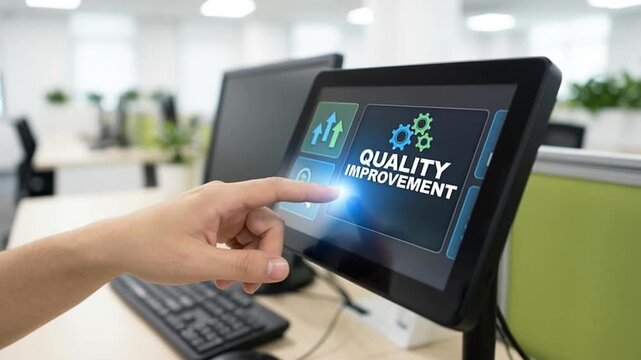 A person interacting with the quality improvement concept on a digital screen.
