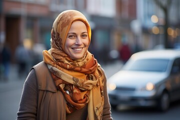 Obraz premium Woman in patterned hijab smiling while walking on a city street