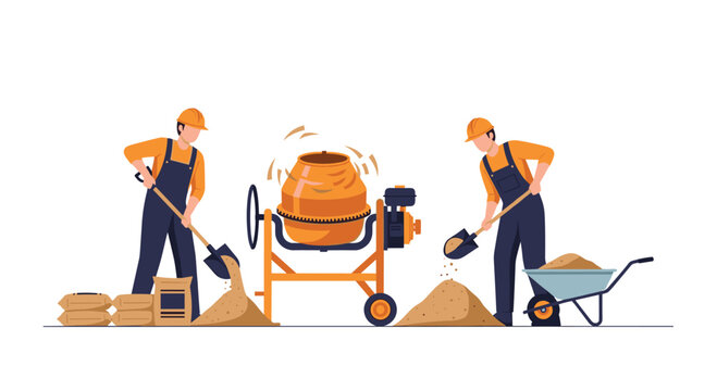 Two construction workers in orange overalls and hard hats shovel brown sand into an orange cement mixer and a wheelbarrow on a white background.