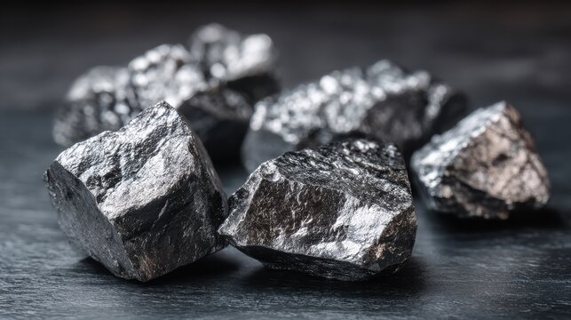 Raw industrial silicon metal chunks and chromium ore pieces on dark stone background.