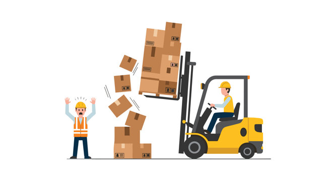 A yellow forklift drops a stack of cardboard boxes and a wooden pallet as an alarmed worker raises hands on a white background.
