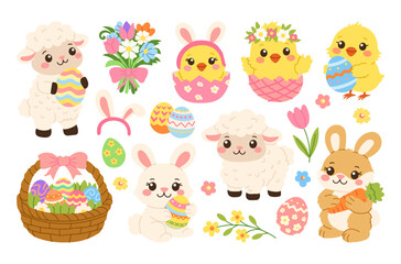 Obraz premium Cute animals hold colorful Easter eggs. Baskets and flowers add festive charm. Charming characters radiate joy and celebration. Perfect for Easter-themed designs and children's projects