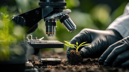 Scientist in black gloves examining a young plant sprout with a microscope in a laboratory or greenhouse setting