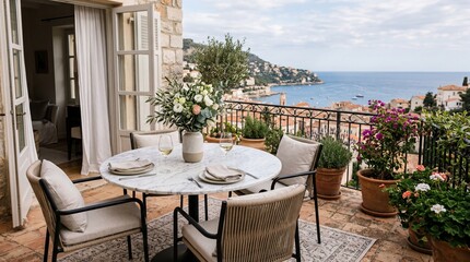 Obraz premium Elegant Terrace Dining Table with Sea View over a Mediterranean Coastal Village, Luxury Vacation and Romantic Travel Lifestyle