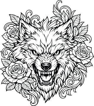 Intricate Wolf Head with Floral Rose Ornament &ndash; Detailed Black and White Line Art Vector Illustration