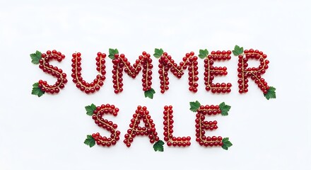 Summer sale text made of red berries and green leaves on white background