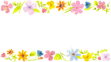 Watercolor floral frame with soft spring and summer flowers. Hand painted decorative composition for kids party, Easter greeting cards, invitations and seasonal designs. © Tishina