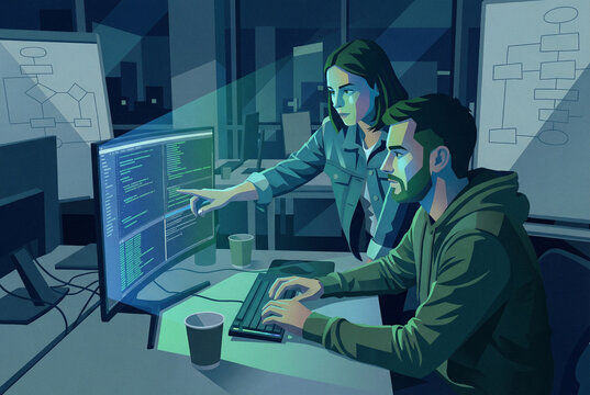 Raster illustration of two programmers working late at night. A man and woman analyze code on a monitor screen in a dark office with diagrams.