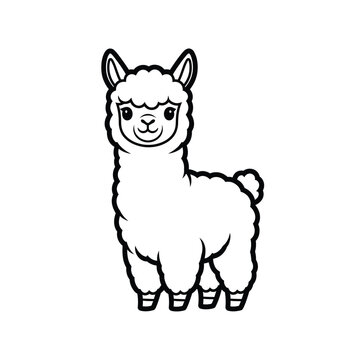 Cute fluffy cartoon llama standing, isolated on white, bold outline, simple line art for children's books, graphic design, or coloring pages