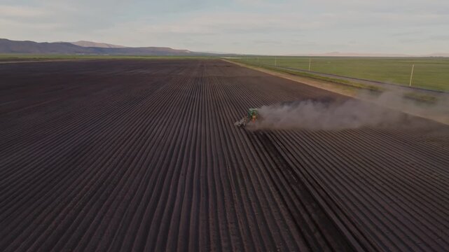 Aerial drone footage over large agriculture in the American West.