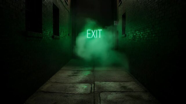 Dark alleyway with glowing green EXIT sign surrounded by mist