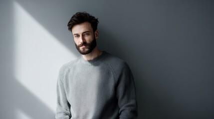 Obraz premium Portrait of a handsome bearded man in a grey casual sweater looking at the camera, confident and calm expression