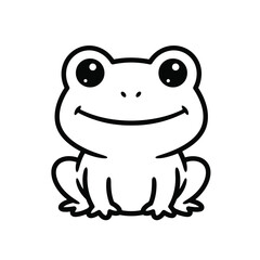 Obraz premium Adorable minimalist line art of a happy cartoon frog sitting and smiling with large, innocent eyes, perfect for children's books or playful designs.