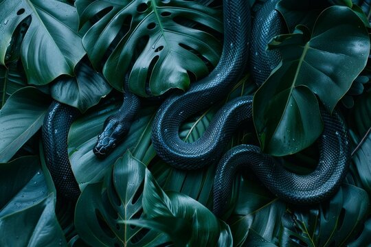 Black snake coiling on vibrant green tropical leaves, creating a captivating contrast