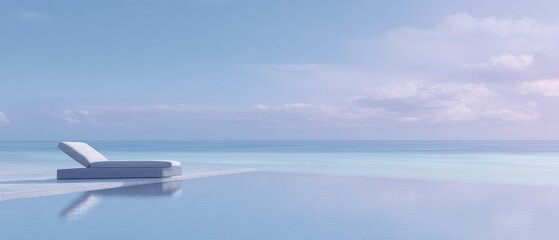 Naklejka premium Realistic photography of a single sun lounger by an infinity pool, ocean horizon, massive sky and water space