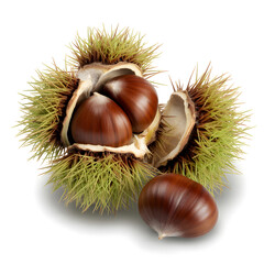 Freshly opened chestnuts with spiky green shells and brown nuts inside isolated on transparent background