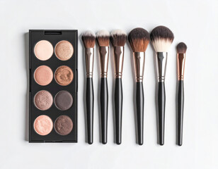 Beauty tutorials. Flat lay of makeup brushes placed next to a palette in natural colors on white background.
