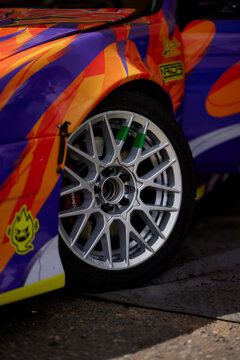 Kyiv, Ukraine, Chaika Raceway - August 3, 2023: Drift car in a race with smoke. Drift car close-up. Drift cars and drivers, street racing, auto culture. Drift culture.