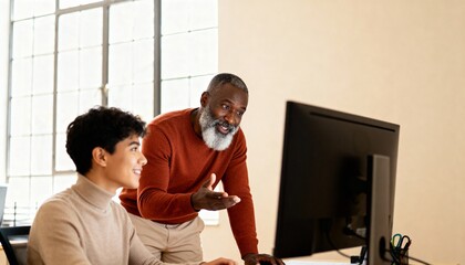 Senior Black man mentoring a young man at a computer in a bright office. Professional collaboration and teaching concept. Older male mentor guiding a student in a workplace setting