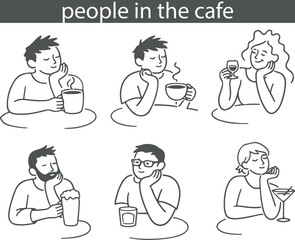 Fototapeta premium set of icons of diverse people enjoying various cocktails in a cafe, for websites, apps, digital projects or social media