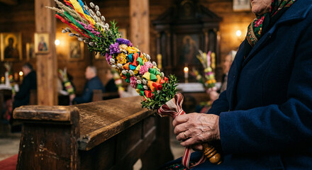 Zbliżenie na ręce starszej kobiety w kościele, trzymające tradycyjną, wysoką palmę. Niedziela Palmowa