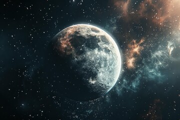 Fototapeta premium Grey planet with craters orbiting a distant star in a colorful nebula, space exploration and colonization concept