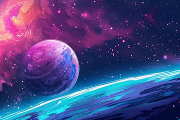 Fototapeta premium Vibrant illustration of an alien planet orbiting a star within a colorful nebula, perfect for space exploration and science fiction themes