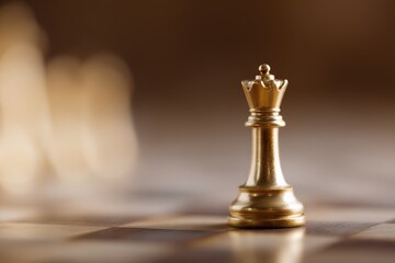 Close up of a golden chess king standing alone on a board, soft focus background, leadership and strategy concept