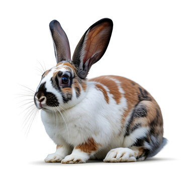 Tricolor rabbit with white black and orange fur sitting on isolated transparent background