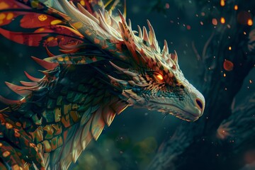 Fototapeta premium Majestic mythical dragon with glowing eyes emerges from an enchanted forest, surrounded by falling embers