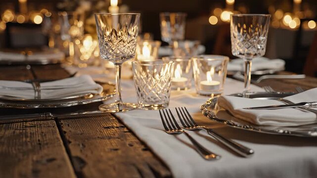 Elegant table setting with crystal glasses and silverware on a white tablecloth in a warm and inviting atmosphere
