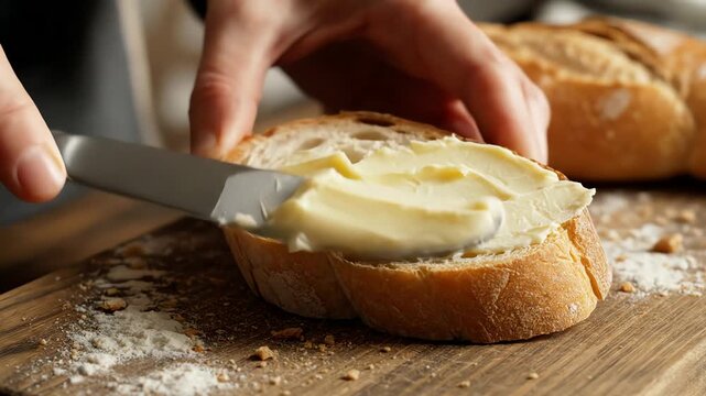 Applying butter to a slice of bread on a wooden board
