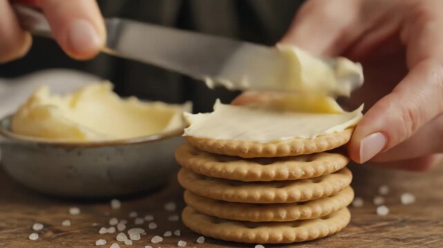 Applying butter to crackers closeup on wooden surface