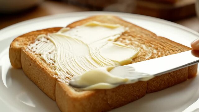 Applying butter on toast close up breakfast food concept