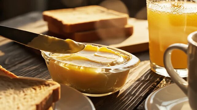 Breakfast scene with toast and orange juice on wooden table