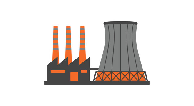 A power plant complex featuring three tall orange-striped smokestacks and a large grey hyperboloid cooling tower is depicted with flat colors on a white background.