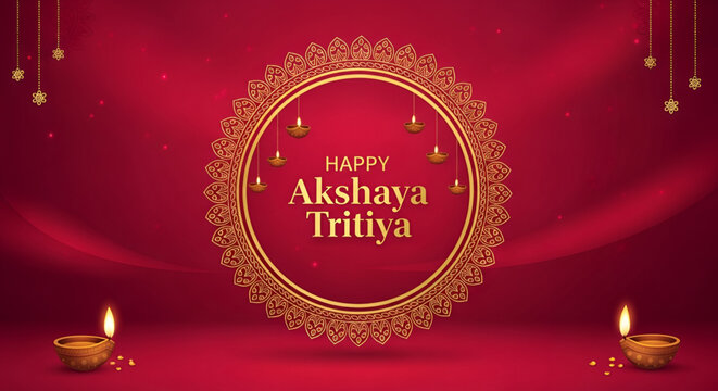 Akshaya Tritiya vector festive greeting background with golden mandala frame hanging diya lamps and red decorative backdrop for hindu prosperity celebration banner