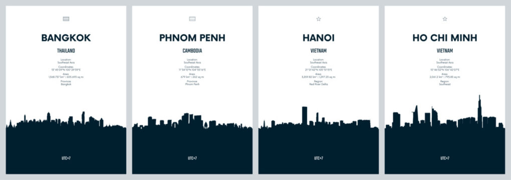 Travel vector set with city skylines Bangkok, Phnom Penh, Hanoi, Ho Chi Minh, detailed city skylines minimalistic graphic artwork