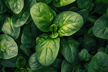 Obraz premium Close up of vibrant green spinach leaves thriving in a garden, symbolizing healthy eating and vegan lifestyles
