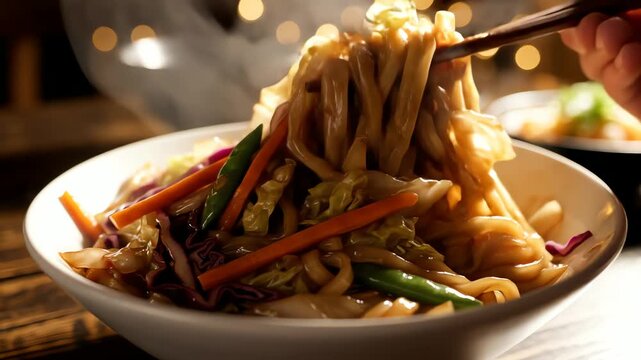 Close up of a bowl of freshly prepared asian noodles with colorful vegetables
