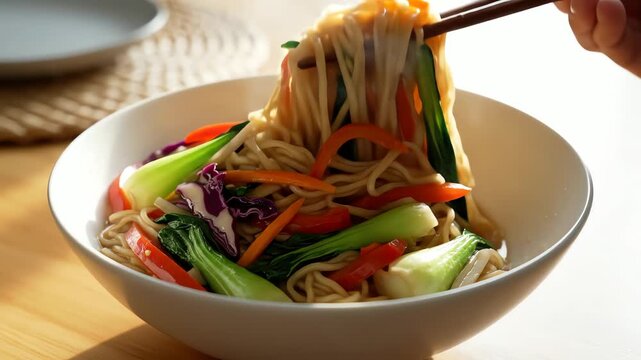 Close up of a bowl of noodles with vegetables ready to be eaten