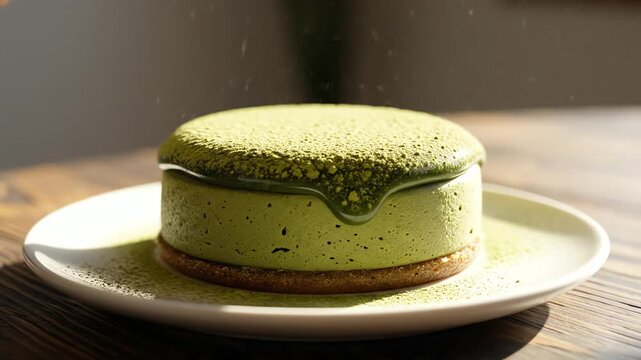 Close up of a green dessert on a white plate natural light copy space