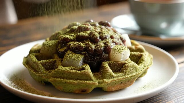 Close up of a matcha waffle topped with red beans and mochi served on a plate