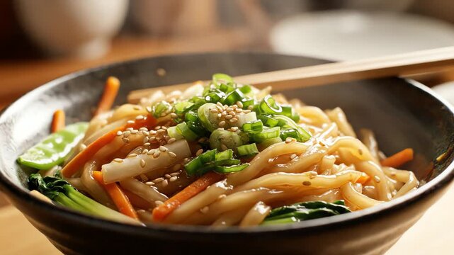 Close up of asian cuisine dish with noodles and vegetables
