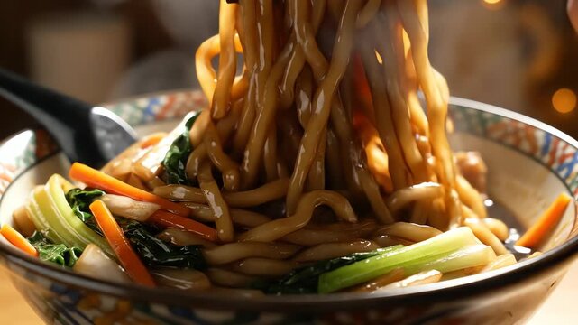 Close up of asian noodles in a decorative bowl with chopsticks