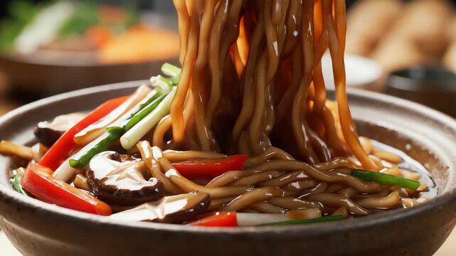 Close up of asian noodles with chopsticks and vegetables in a bowl
